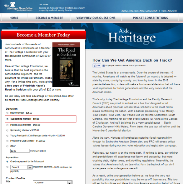 The original version of AskHeritage.org, with a donation form above the fold and 85 words of promotional copy