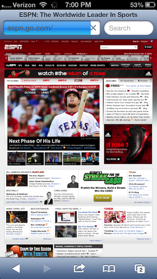 ESPN's standard interface rendered on an iPhone